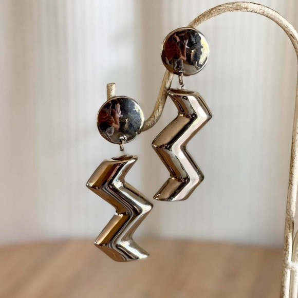 Source Unknown Jewelry - Vintage Zig Zag Silver Tone Geometric Earrings Lightning Bolts Statement Jewelry